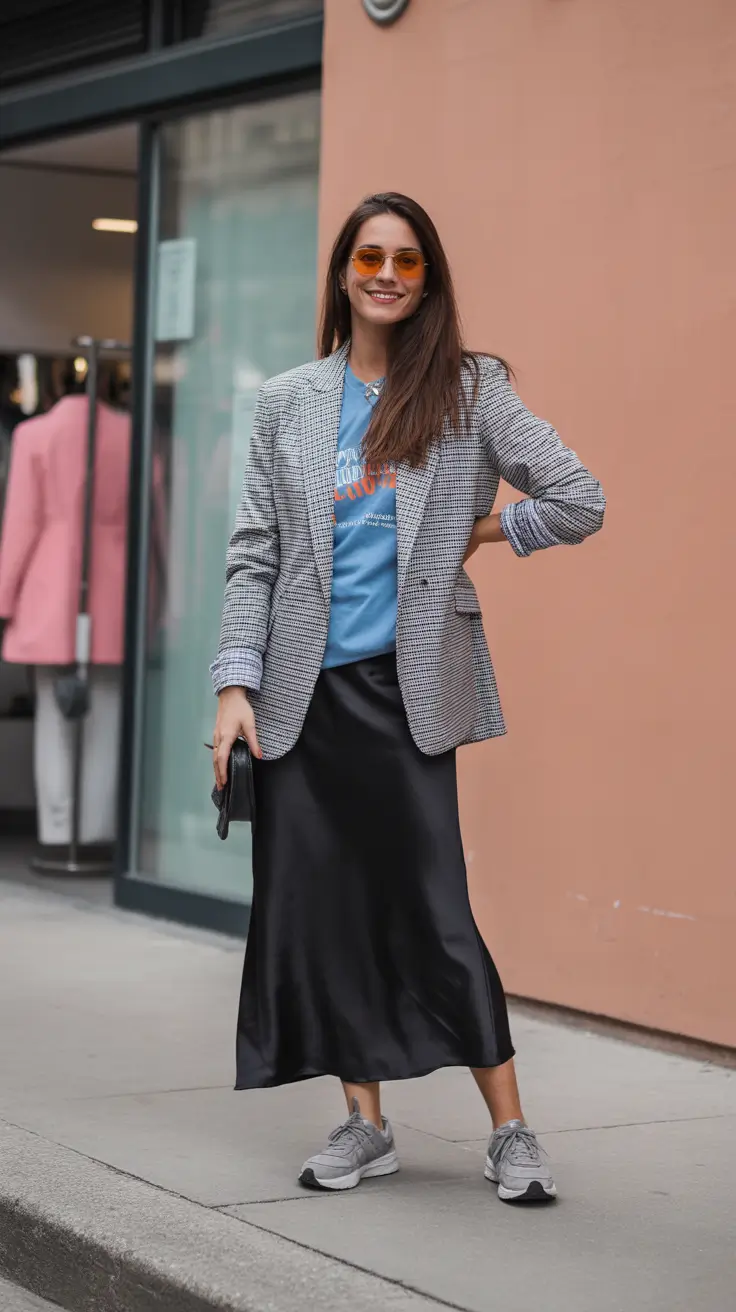 modest spring outfits 2026 Graphic Tee and Satin Skirt with a Tailored Twist