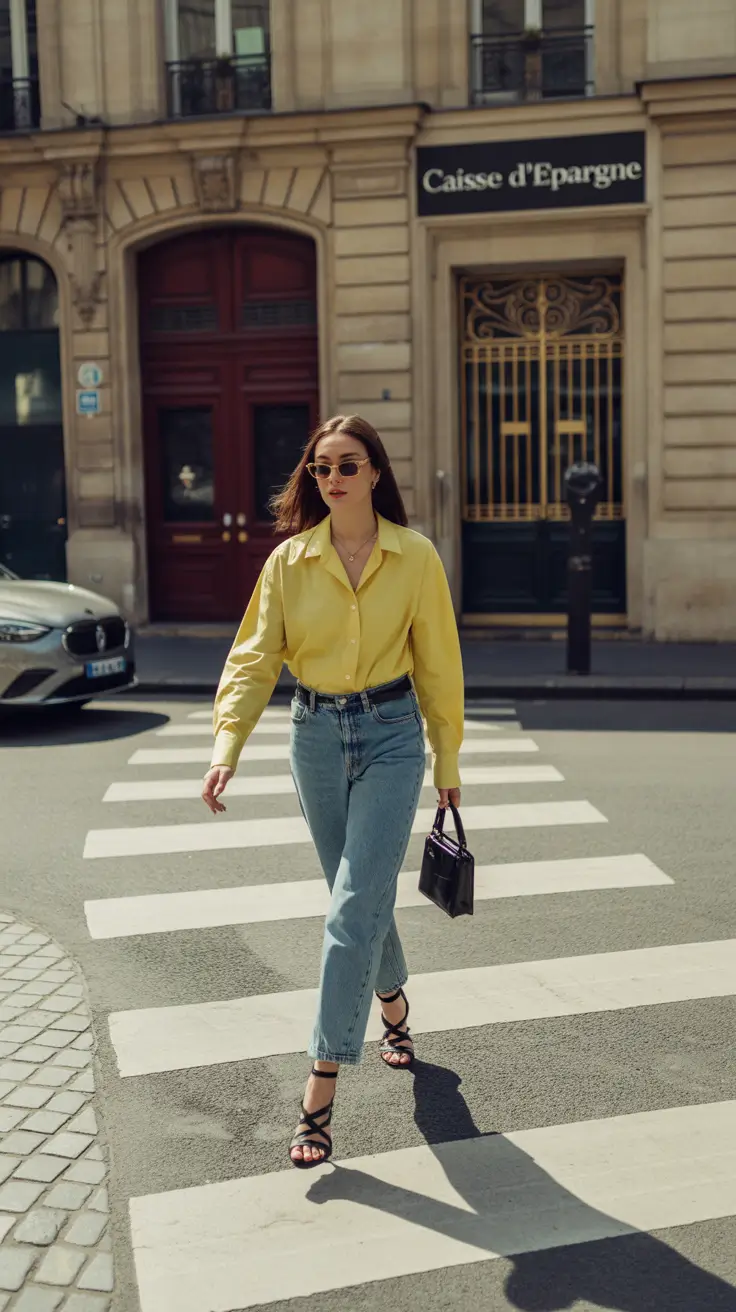 modest spring outfits 2026 Sunny Yellow Button-Down with Easy Spring Denim