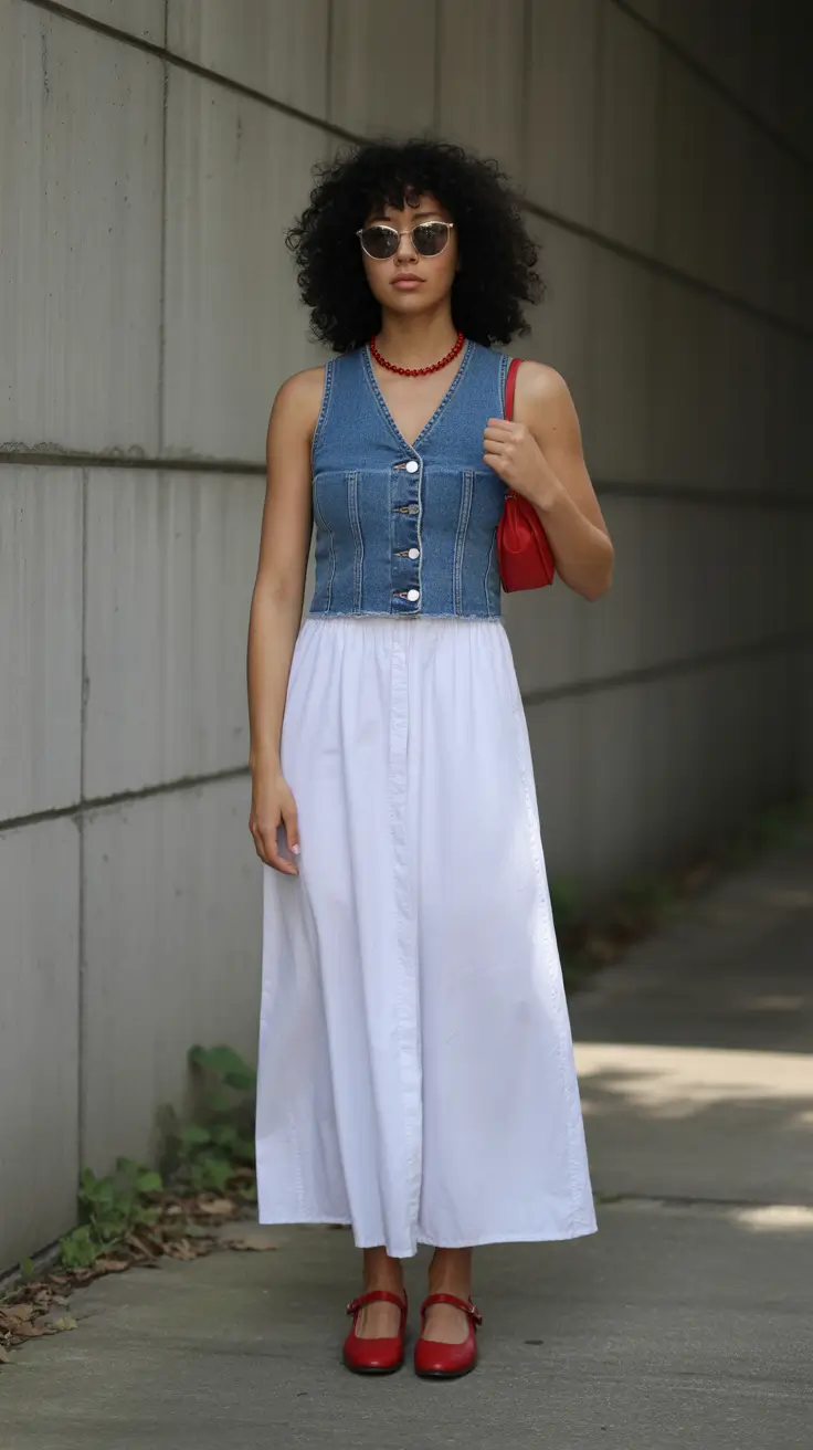 modest spring outfits 2026 Denim Corset and Flowing White Skirt for Soft Retro Romance