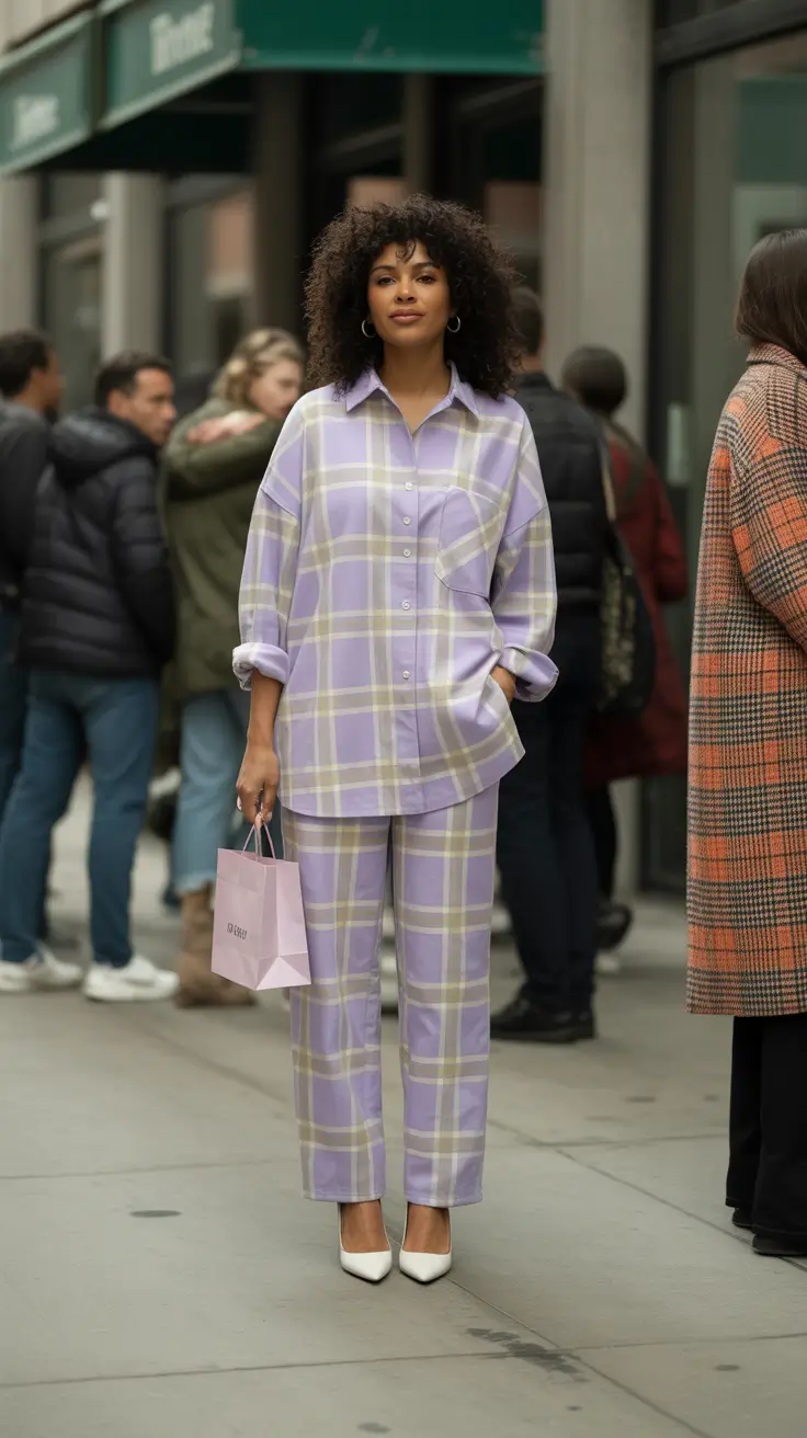 modest spring outfits 2026 Lavender Plaid Matching Set with Soft Structure