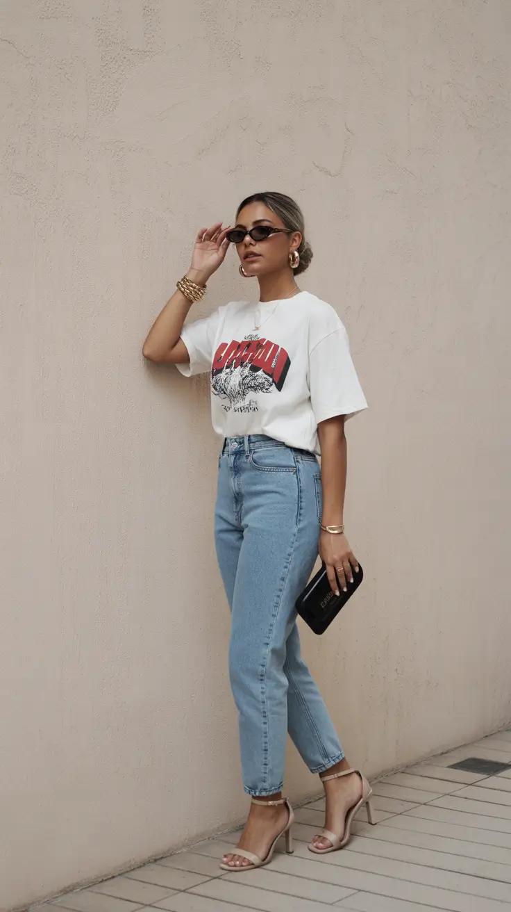 modest spring outfits 2026 Graphic Tee with Clean Denim and Gold Details