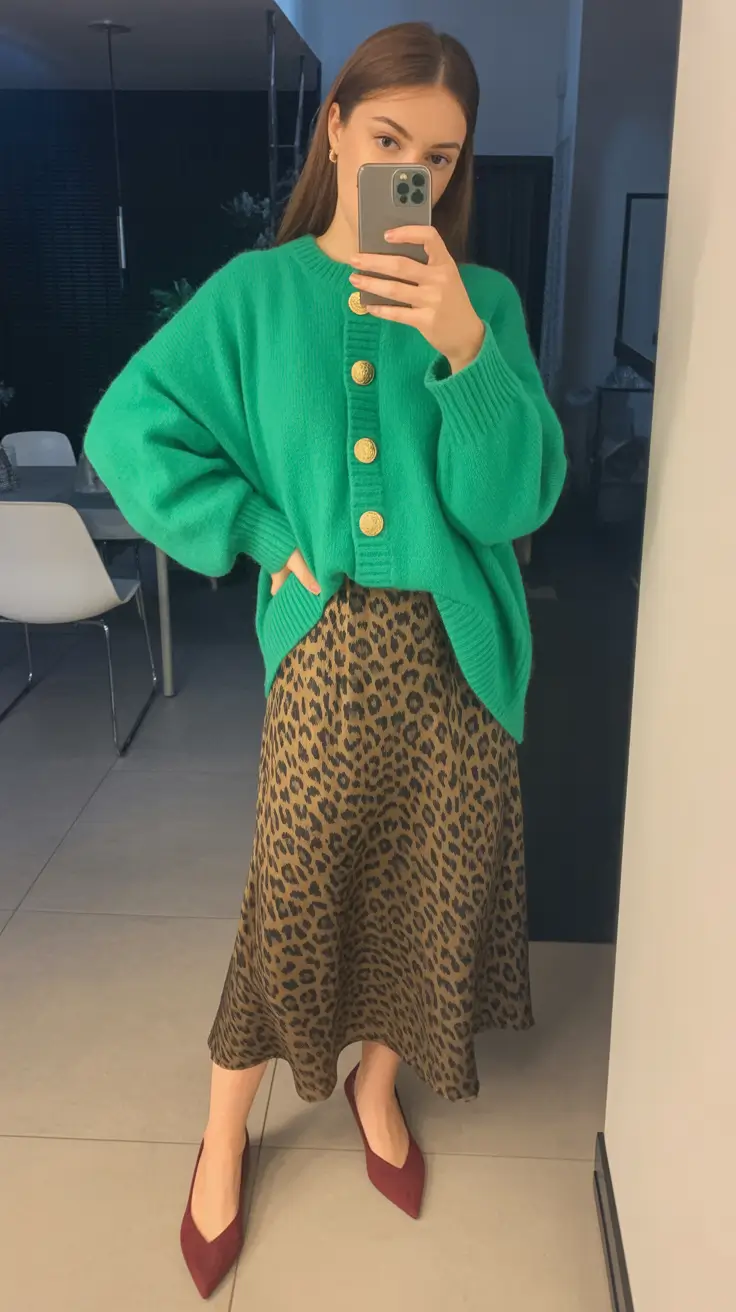 modest spring outfits 2026 Emerald Knit and Leopard Skirt for Bold Spring Texture
