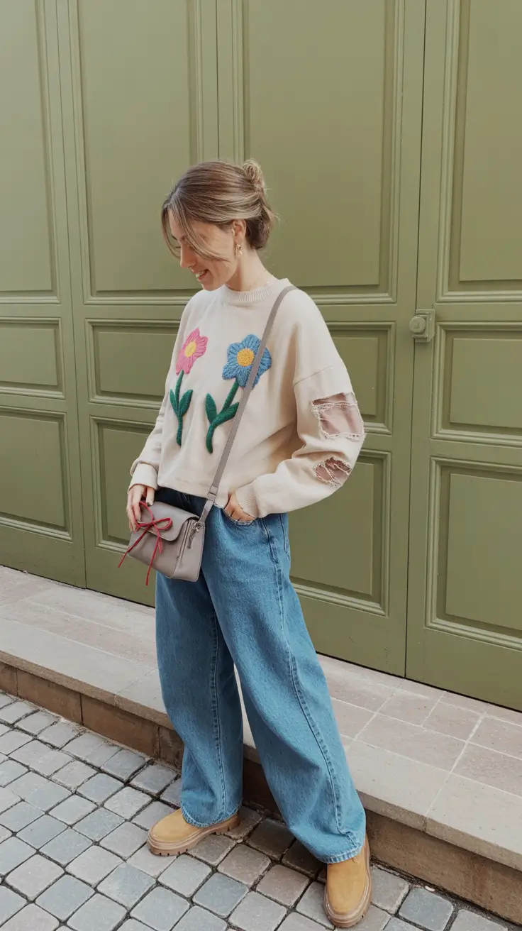 modest spring outfits 2026 Whimsical Sweater Weather in Soft Pastel Florals