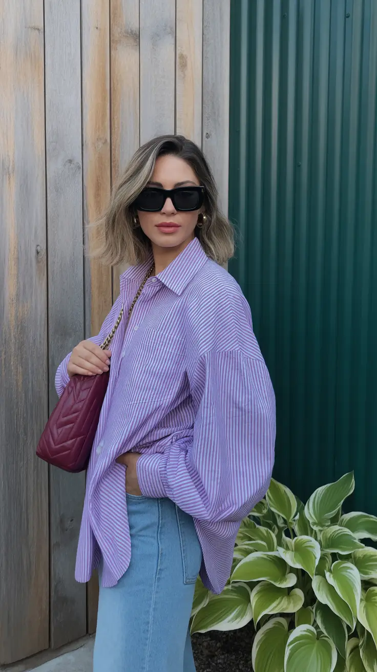 modest spring outfits 2026 Lavender Stripes and Soft Denim for Early Spring Ease