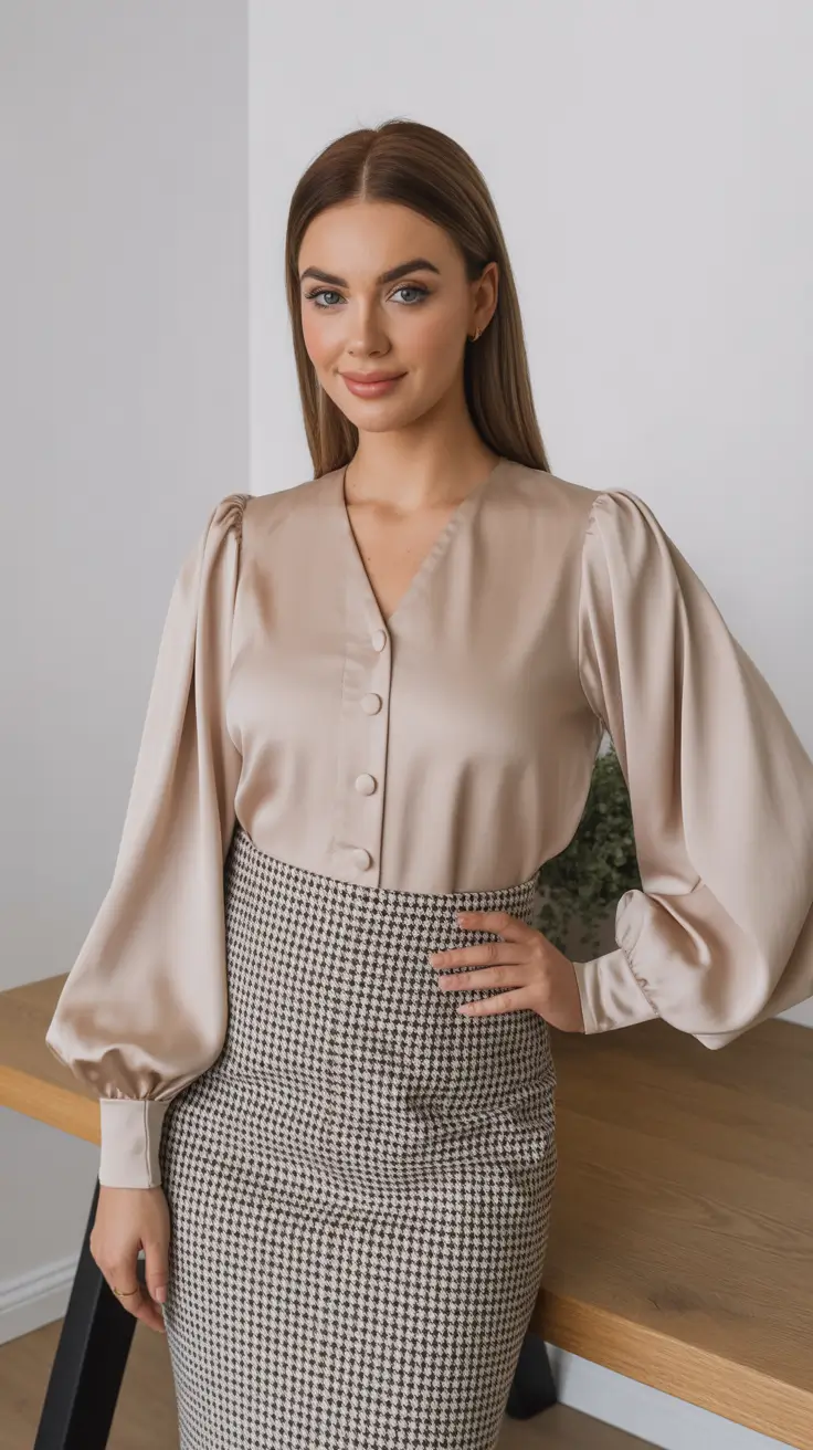 spring formal outfits 2026 Champagne Satin With Classic Houndstooth