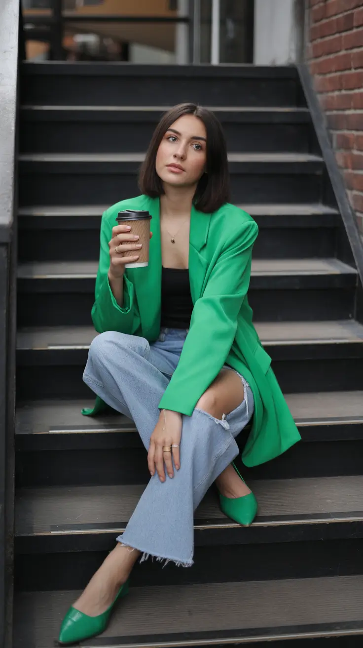 simple spring outfits 2026 Emerald Blazer With Relaxed Denim Ease