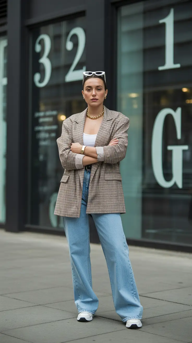 simple spring outfits 2026 Checked Blazer With Easygoing Denim Confidence