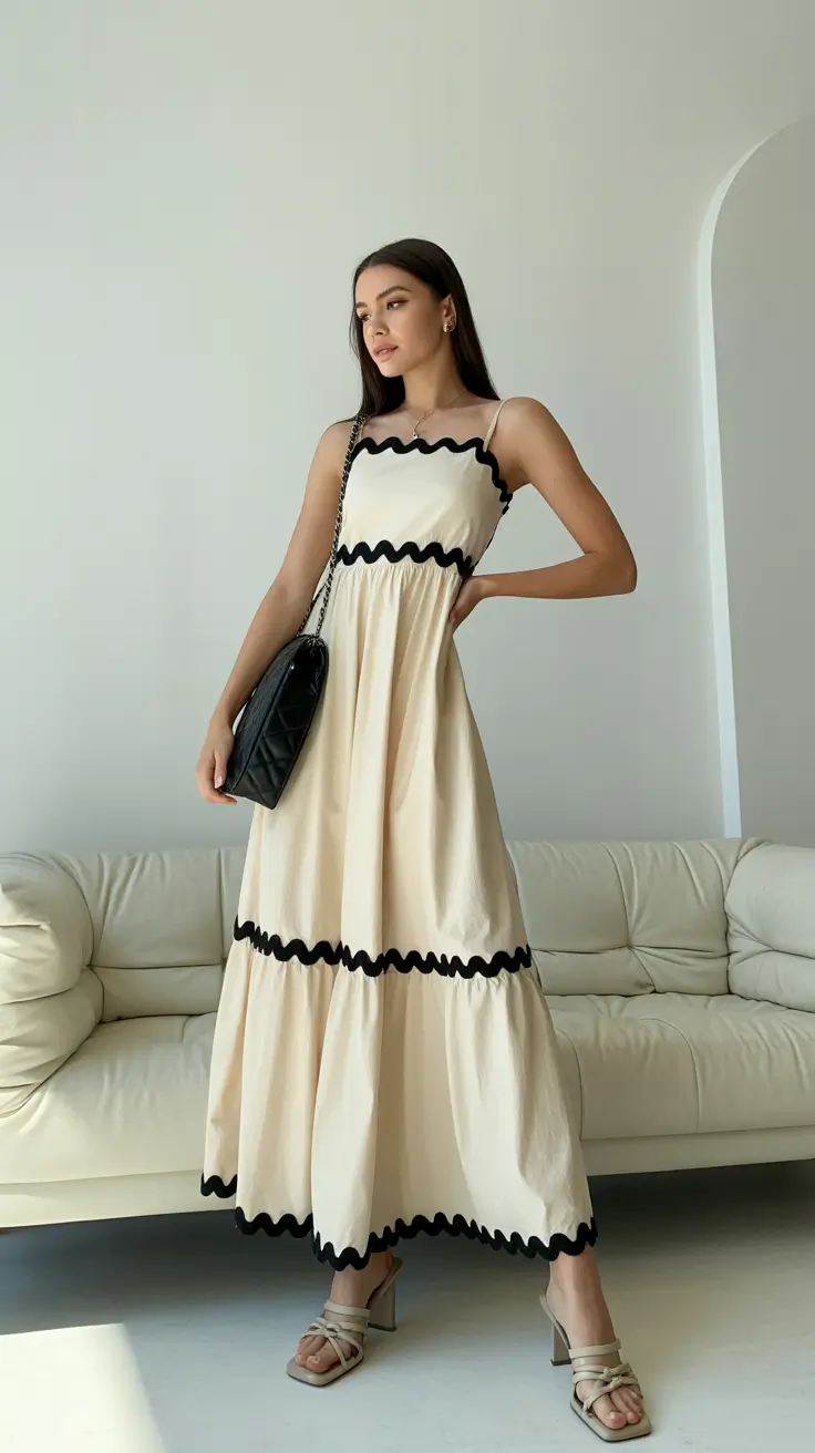 old money spring outfits 2026 Black-and-Ivory Maxi with Subtle Architectural Detailing