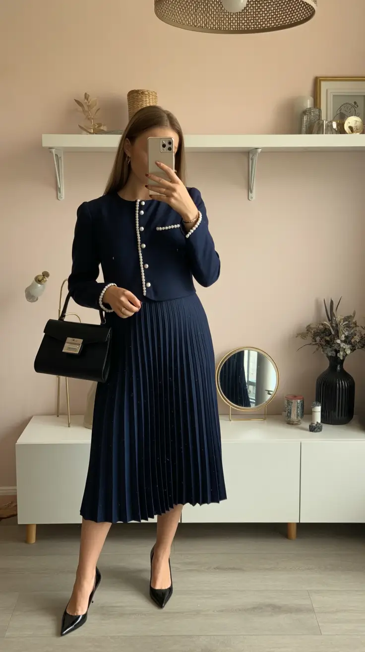 old money spring outfits 2026 Navy Pleats with Pearl-Trimmed Vintage Sophistication