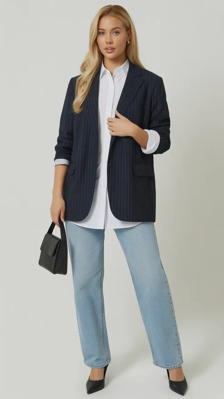 spring blazer outfits 2026 Pinstripe Structure for Classic Plus-Size Spring Ease