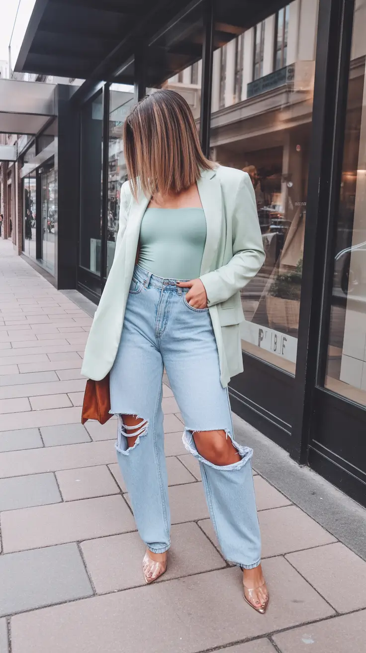 spring blazer outfits 2026 Mint Green and Distressed Denim for Fresh Spring Ease