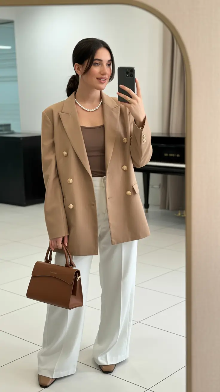 spring blazer outfits 2026 Classic Tan and White Tailoring for Polished Spring Minimalism