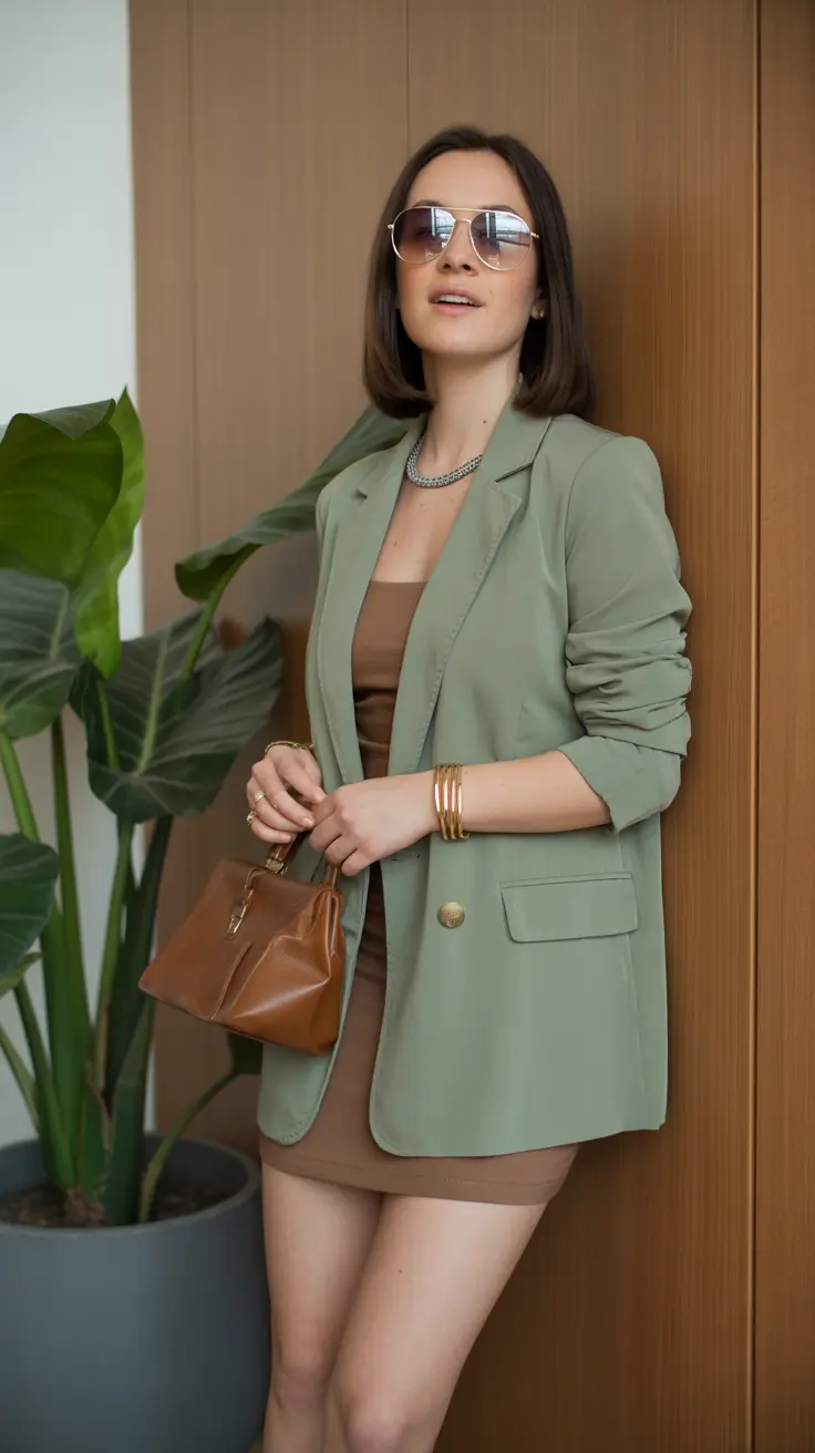 spring blazer outfits 2026 Sage Green and Cocoa Tones for Soft Spring Sophistication