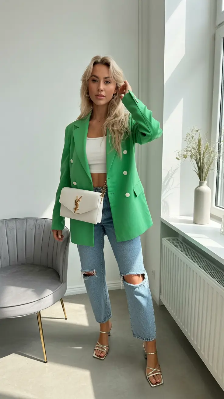 spring blazer outfits 2026 Bright Green Tailoring with Clean White for Fresh Spring Contrast