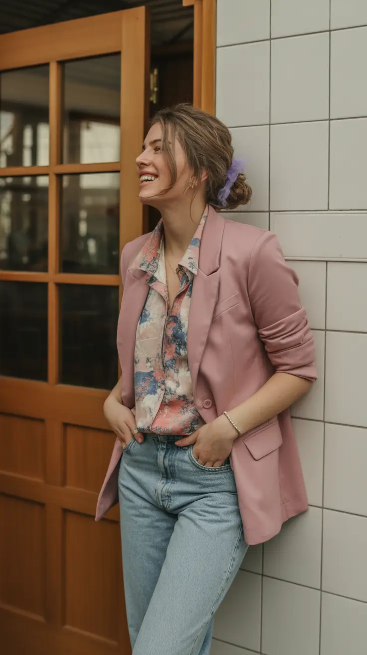 spring blazer outfits 2026 Rose-Toned Blazer and Soft Prints for Romantic Spring Mood