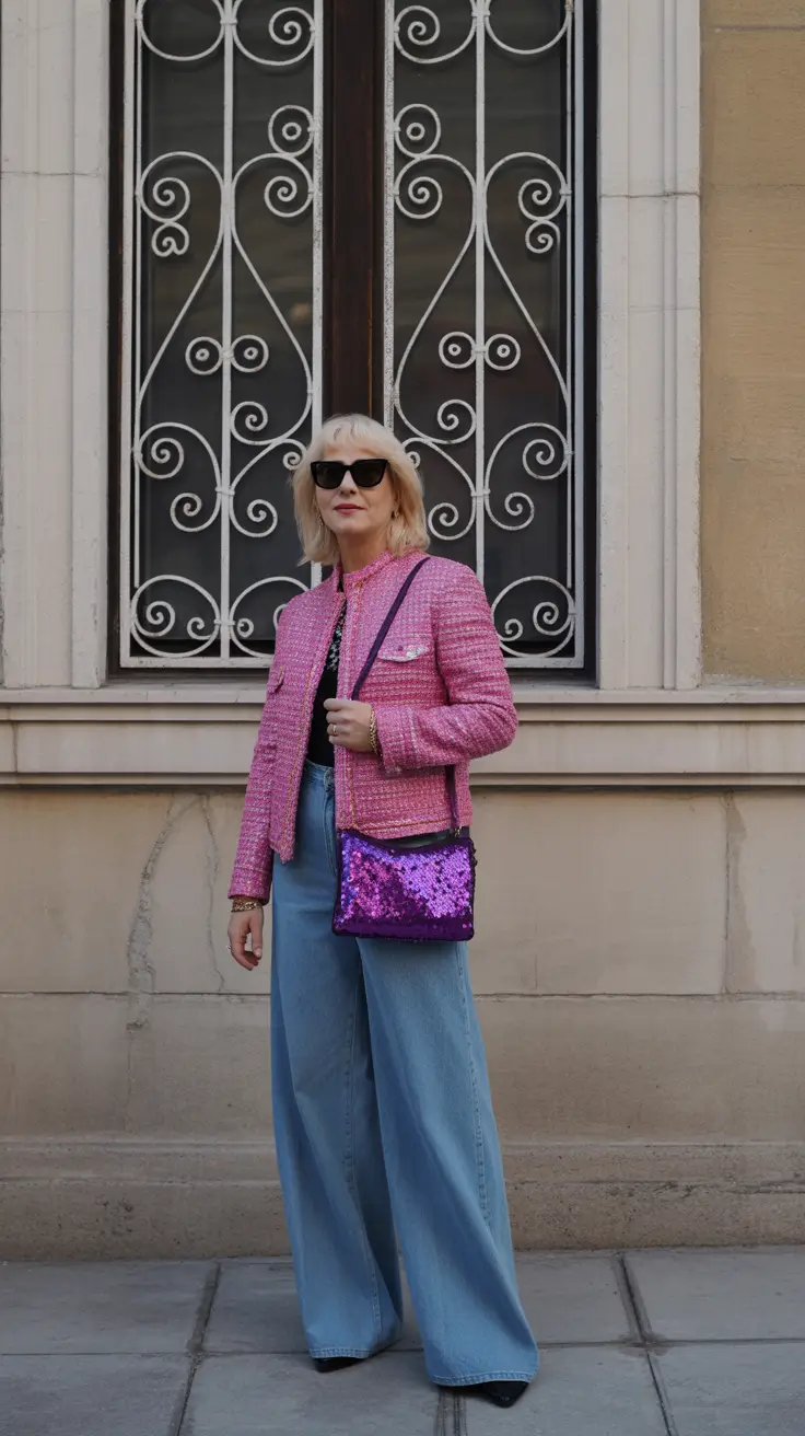 Effortless spring dressing over 50 2026 Bold Pink Tweed and Wide Denim for Artistic Spring Energy