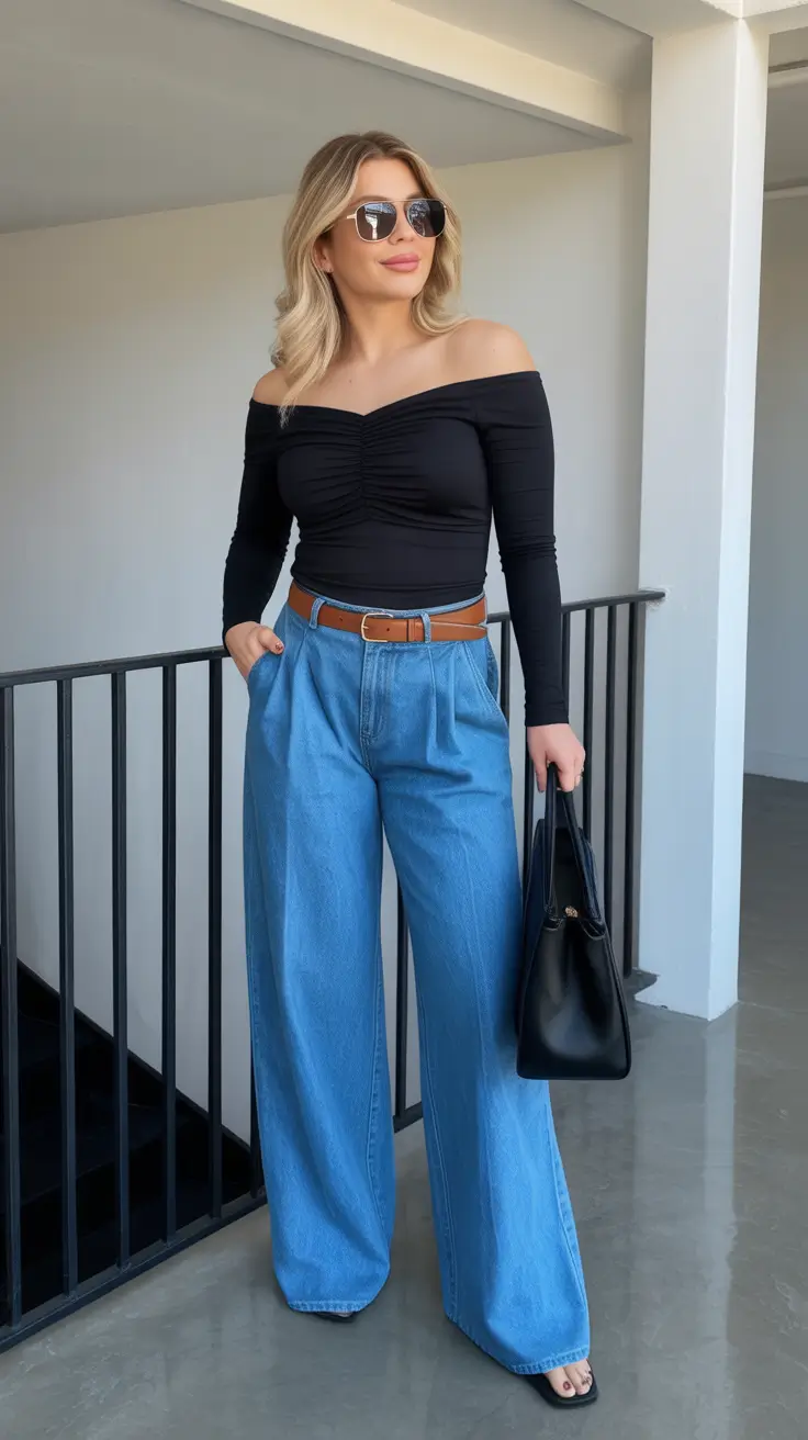 effortless spring going out outfits 2026 Wide-Leg Denim and Black Ruched Elegance