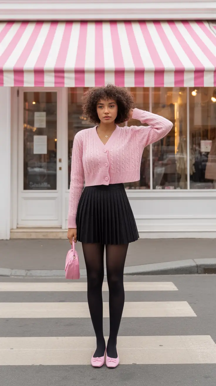effortless spring going out outfits 2026 Sweet Retro Femininity in Pleated Skirt and Pink Knit