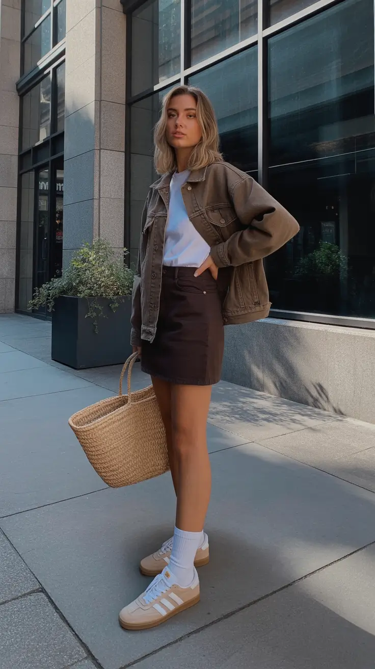 effortless spring going out outfits 2026 Earthy Street Casual with Mini Skirt and Oversized Jacket