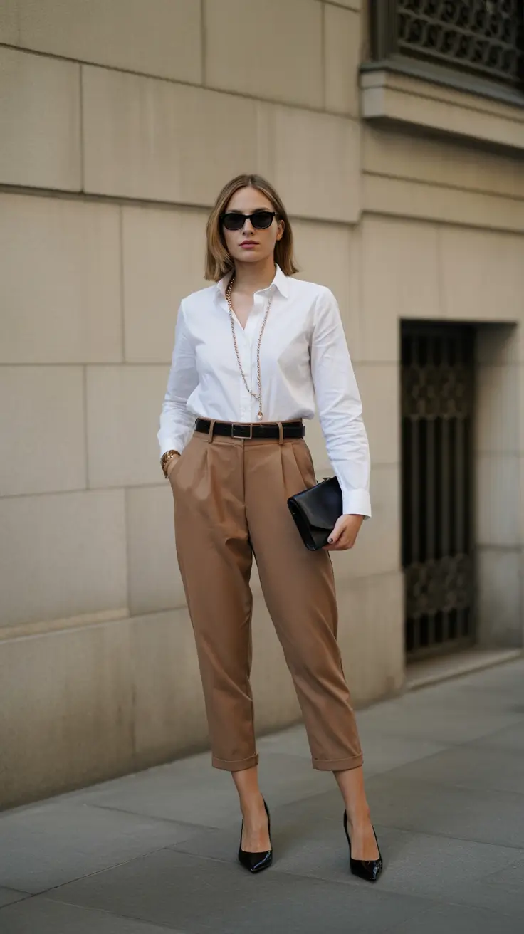 spring office outfits 2026 Tailored White Shirt and Camel Trousers for Everyday Authority