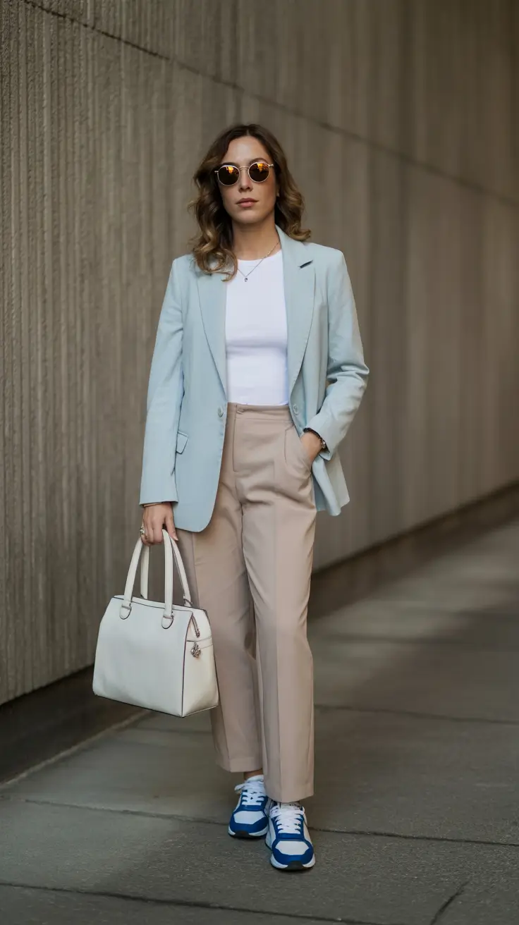 spring office outfits 2026 Soft Blue Tailoring With Sporty Energy