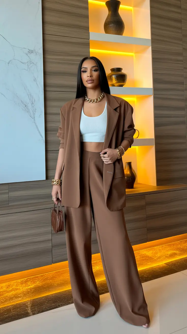 spring office outfits 2026 Rich Chocolate Tailoring With Modern Ease