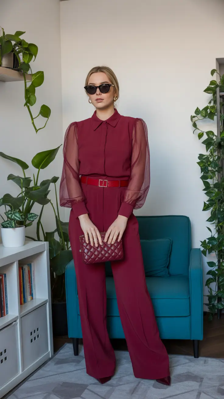 spring office outfits 2026 Monochrome Burgundy Elegance with Sheer Details