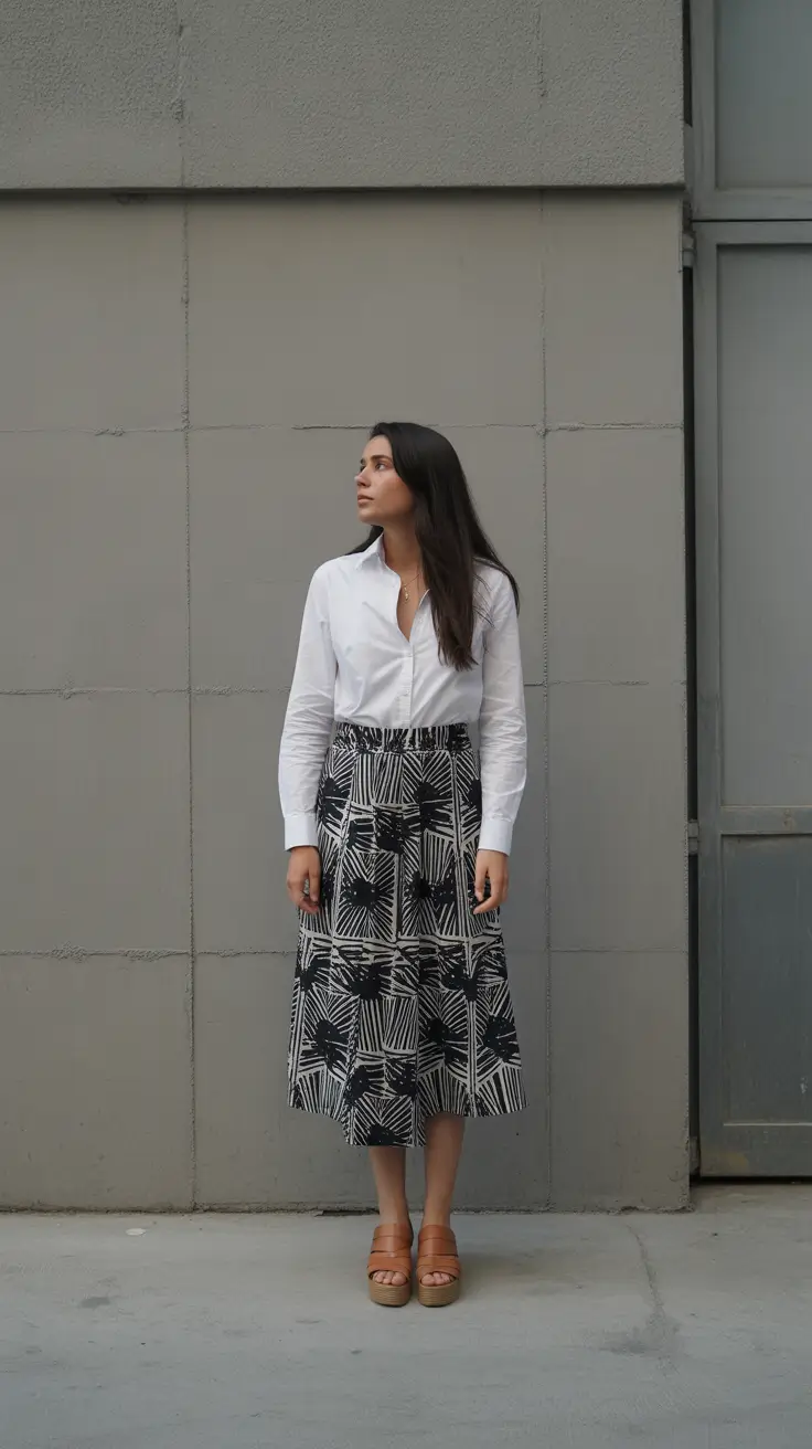 spring office outfits 2026 Crisp White Shirt with a Graphic Midi Moment