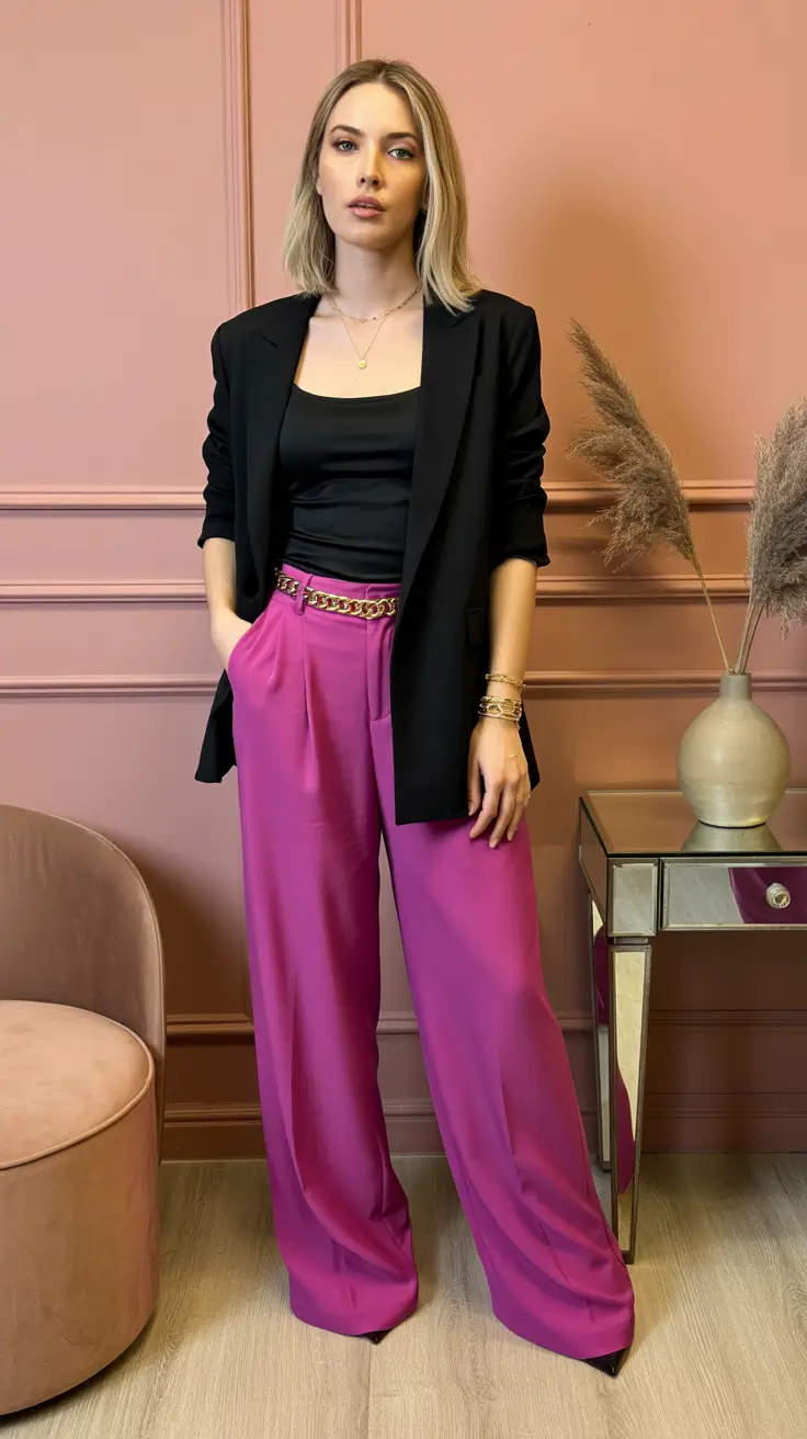 spring office outfits 2026 Bold Colorblocking with Playful Pink Trousers