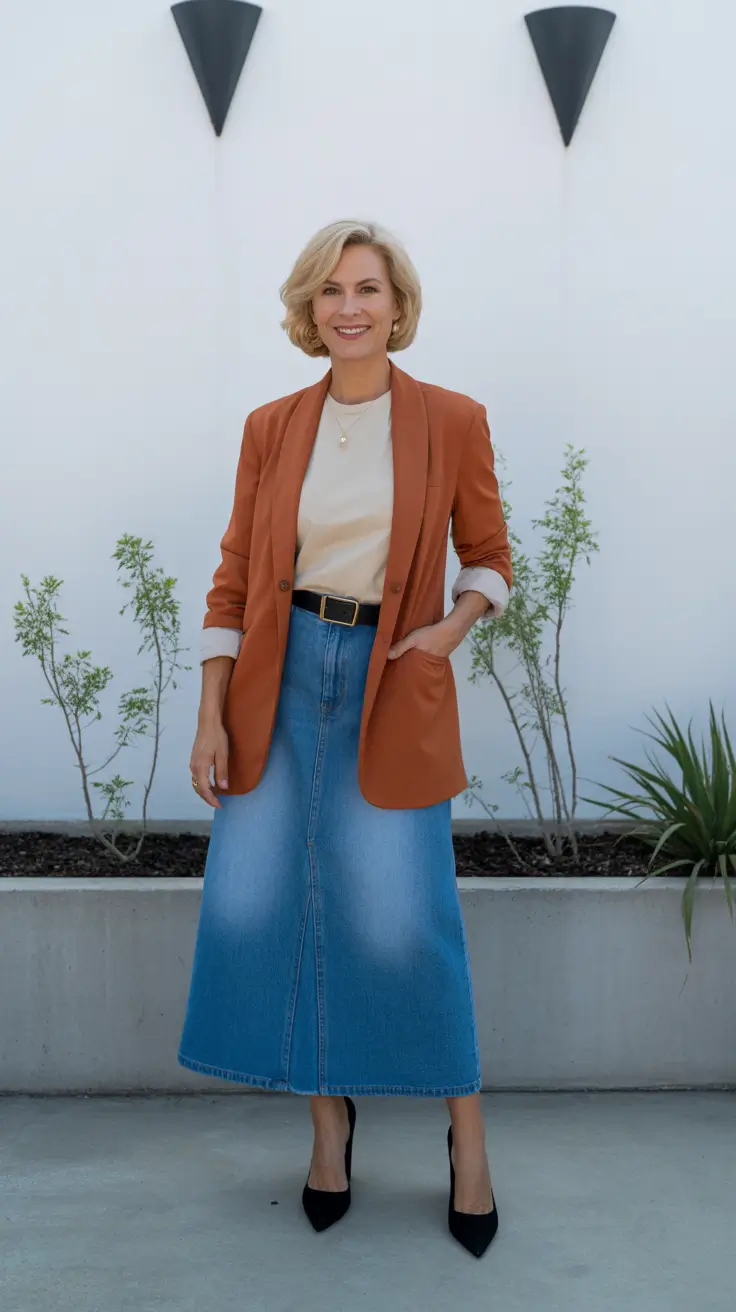 spring outfits for women over 50 2026 Tailored Warmth With a Modern Denim Midi