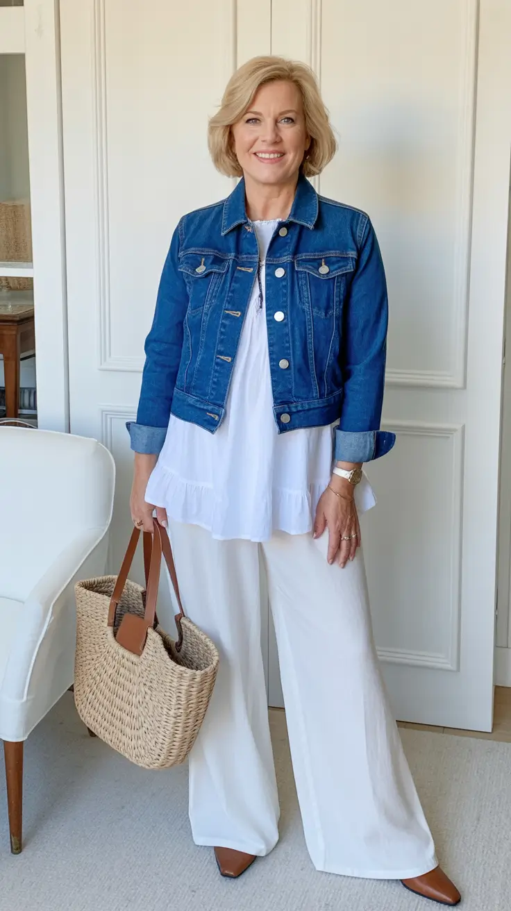 spring outfits for women over 50 2026 Soft Whites and Denim for Breezy Spring Days