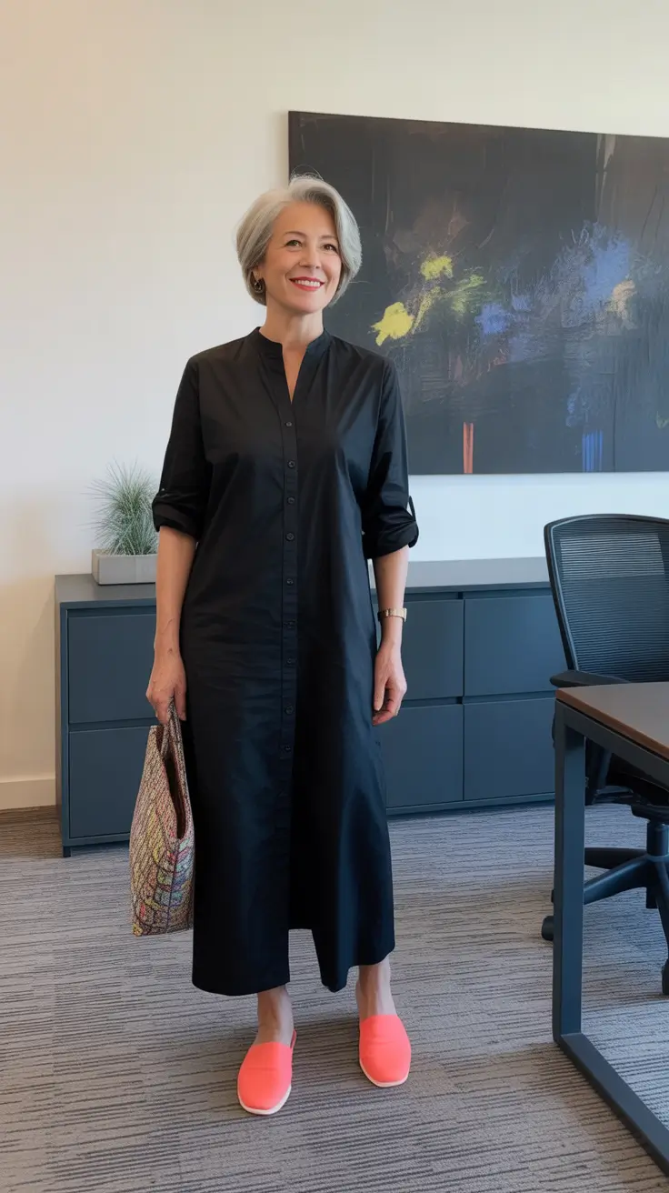 Effortless Spring Outfits for Women Over 60 2026 Minimalist Black Dress with a Playful Pop