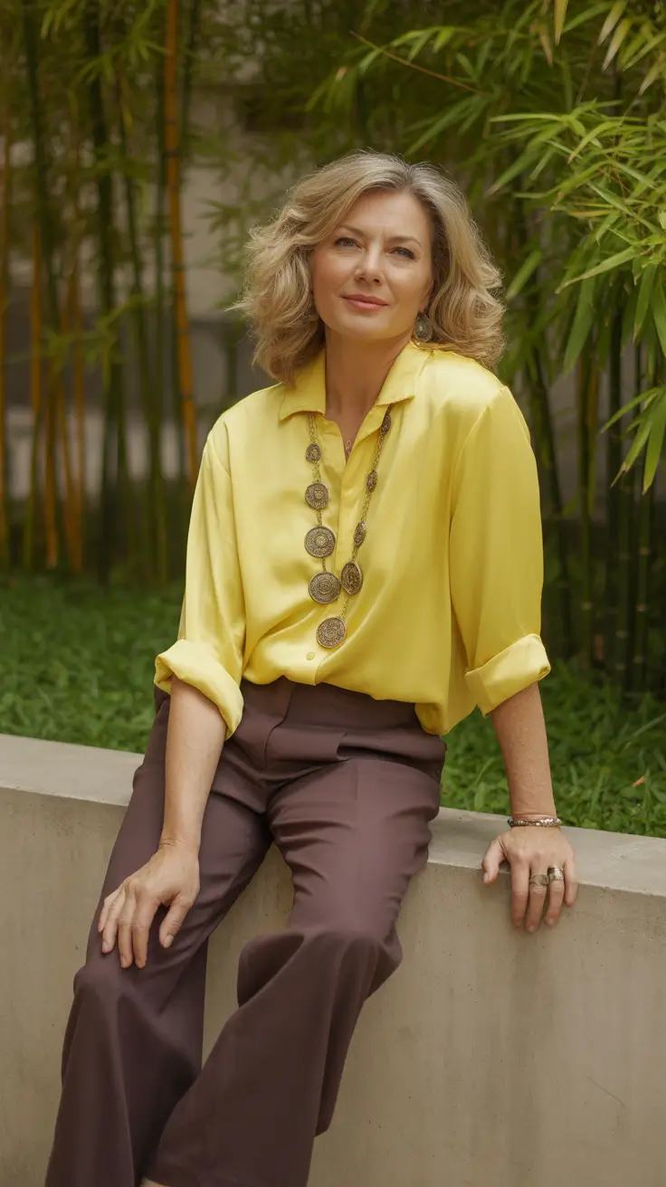 Effortless Spring Outfits for Women Over 60 2026 Vibrant Yellow and Chocolate Tones with Artistic Warmth
