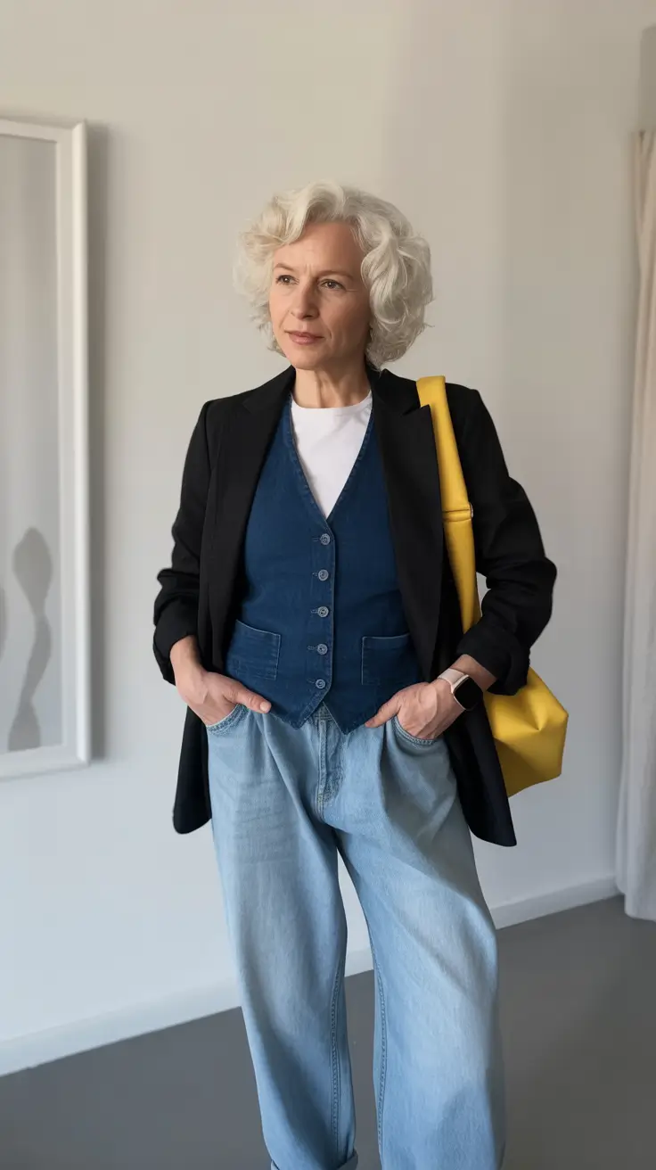 Effortless Spring Outfits for Women Over 60 2026 Layered Denim with a Bright Unexpected Accent