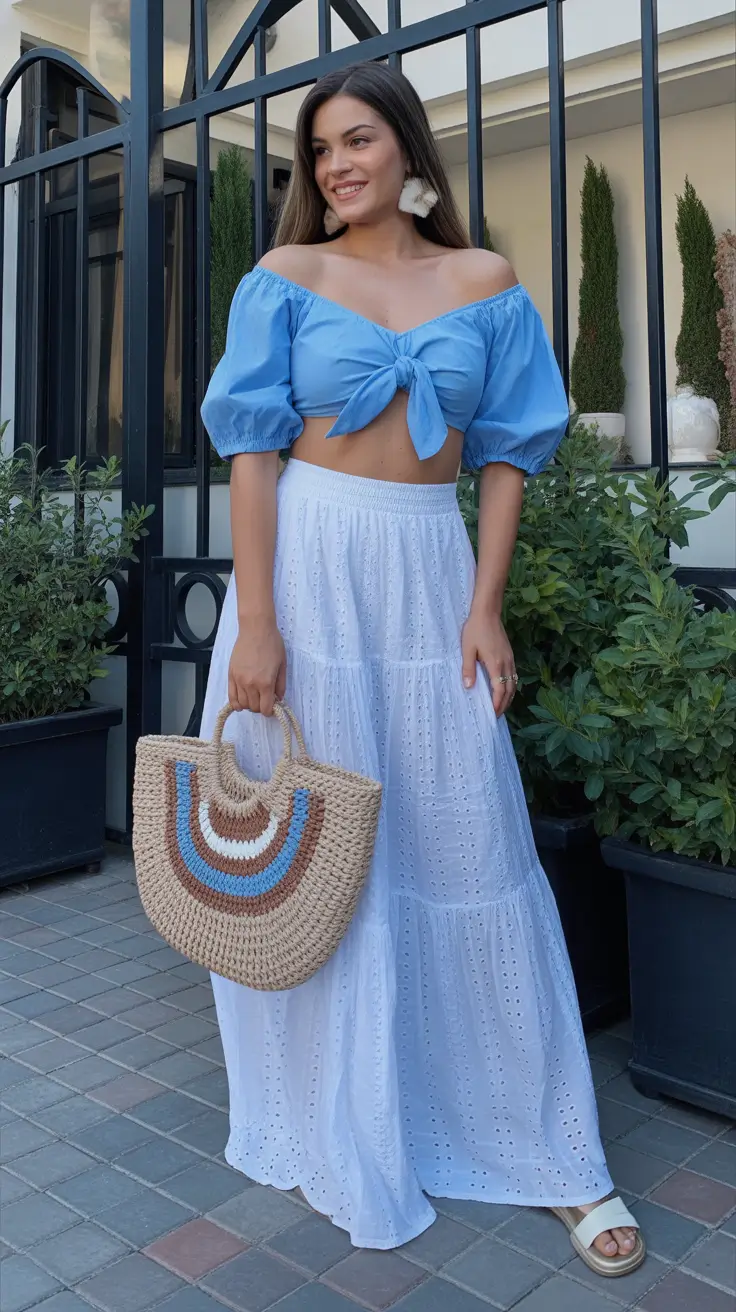 spring skirt outfits 2026 Soft Blue Crop And Eyelet White Maxi