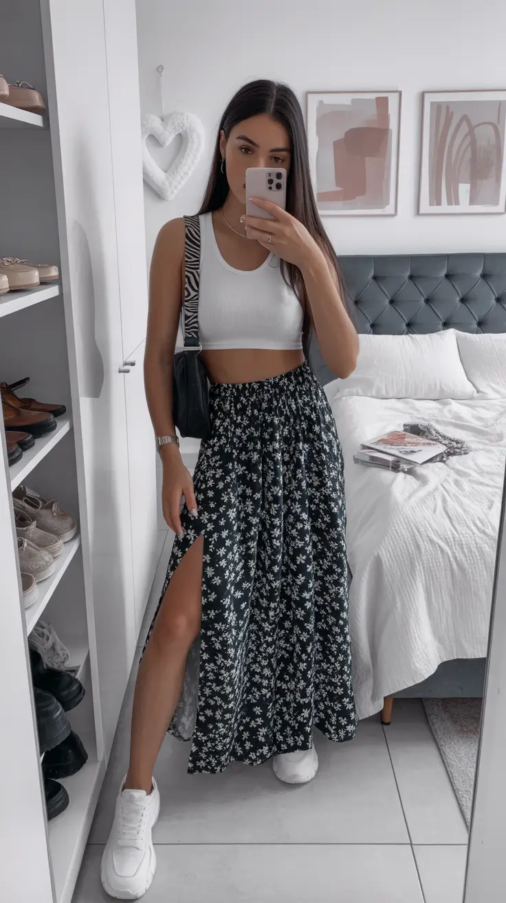 spring skirt outfits 2026 Black And White Floral Maxi With Sporty Contrast