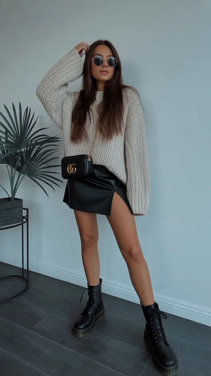 spring skirt outfits 2026 Chunky Knit And Black Mini Skirt With Combat Boots