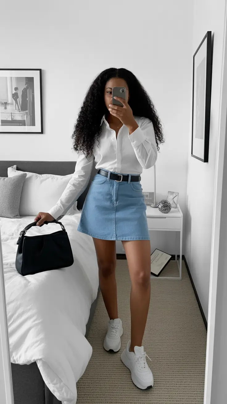 spring skirt outfits 2026 Crisp White Shirt And Denim Mini For Everyday Ease