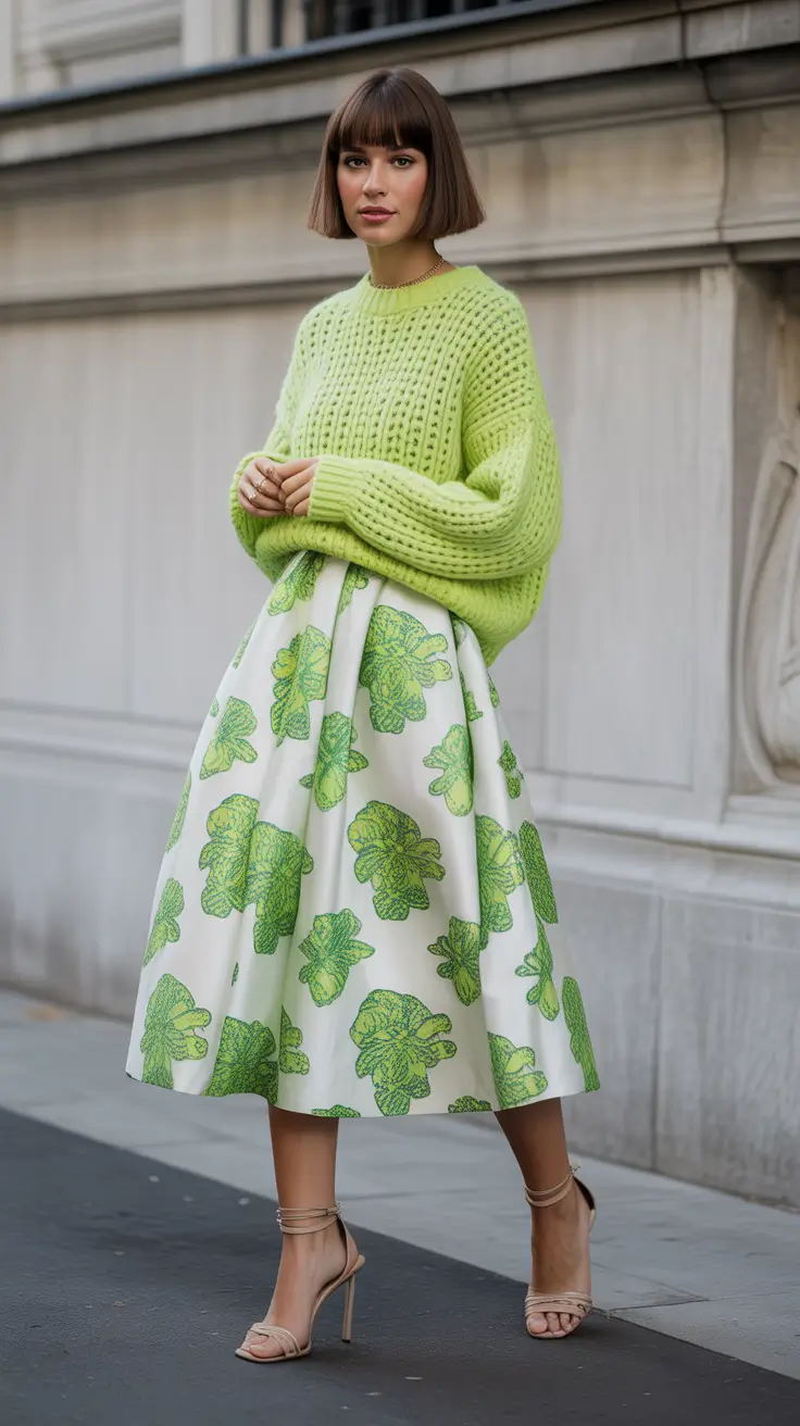 spring skirt outfits 2026 Lime Knit And Voluminous Skirt In Graphic Green