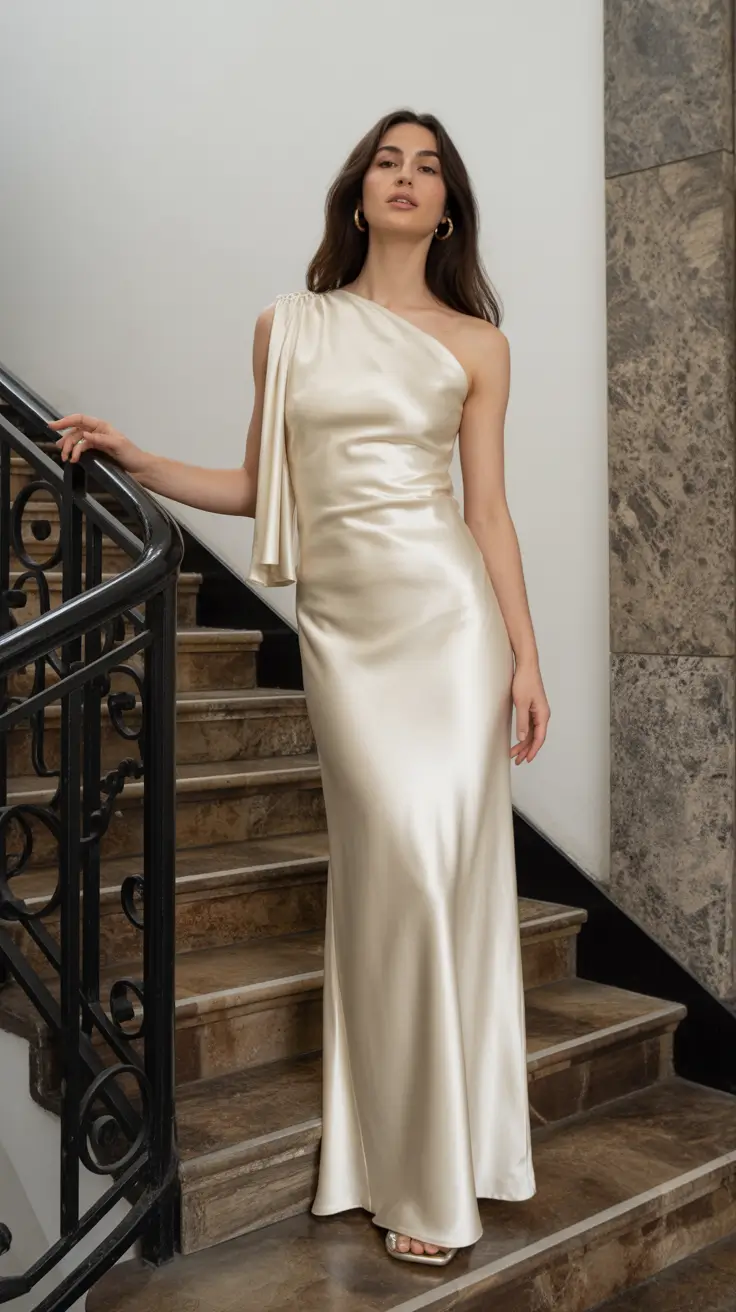effortless spring wedding outfit 2026 Champagne Satin for Effortless Evening Glamour