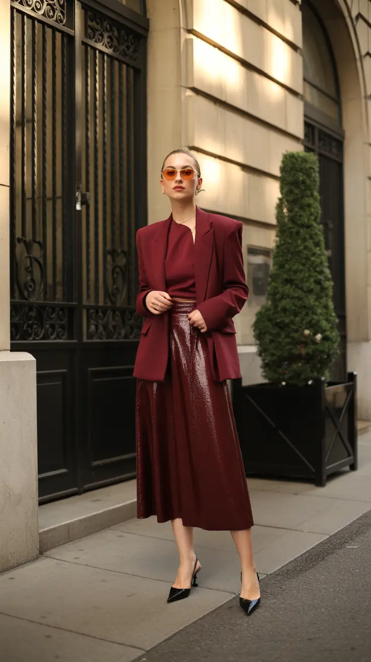 effortless spring wedding outfit 2026 Burgundy Power for a Chic Urban Ceremony