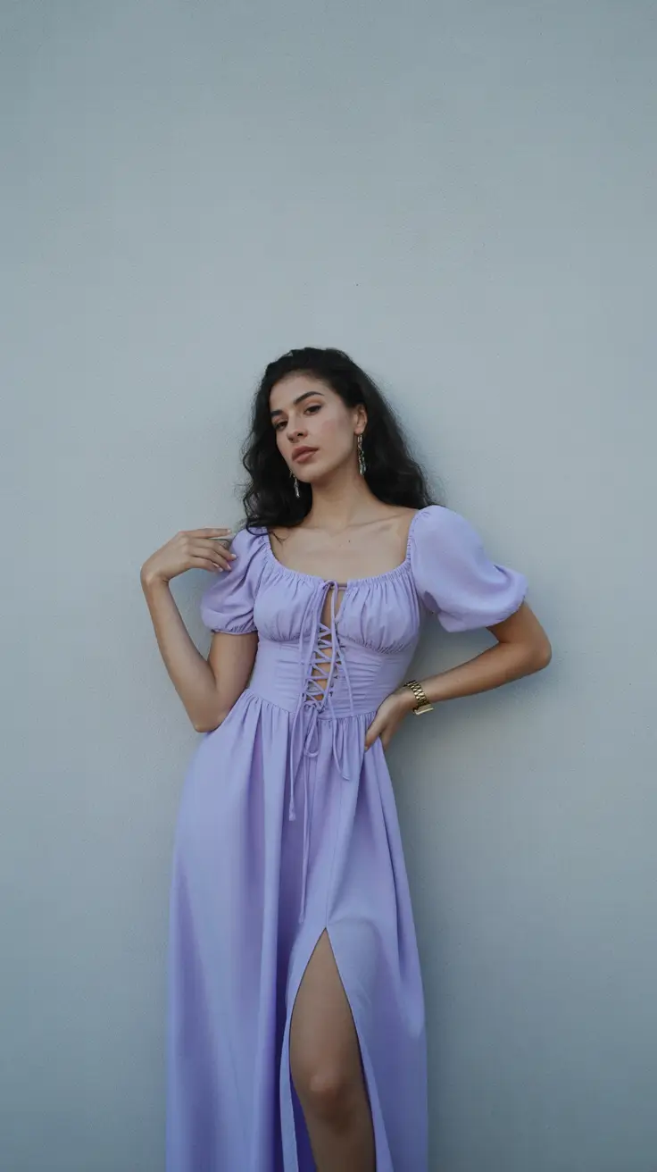 effortless spring wedding outfit 2026 Lavender Lace-Up for a Romantic Feminine Flair