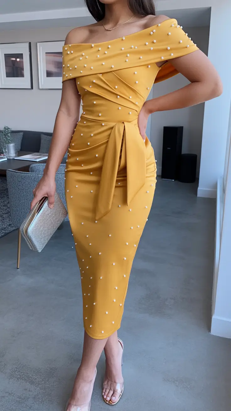 effortless spring wedding outfit 2026 Golden Pearls for a Polished Evening Celebration