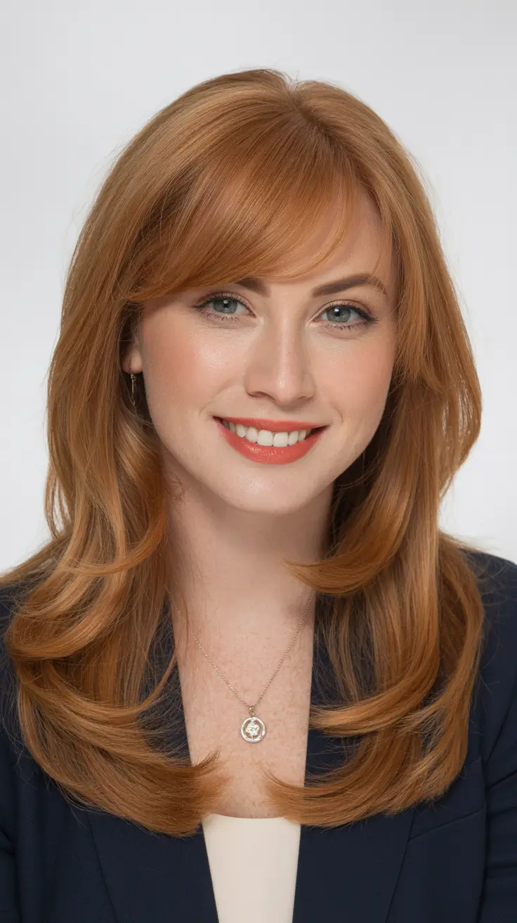 February Haircuts trends 2026 Soft Ginger Layers With Classic Winter Bangs