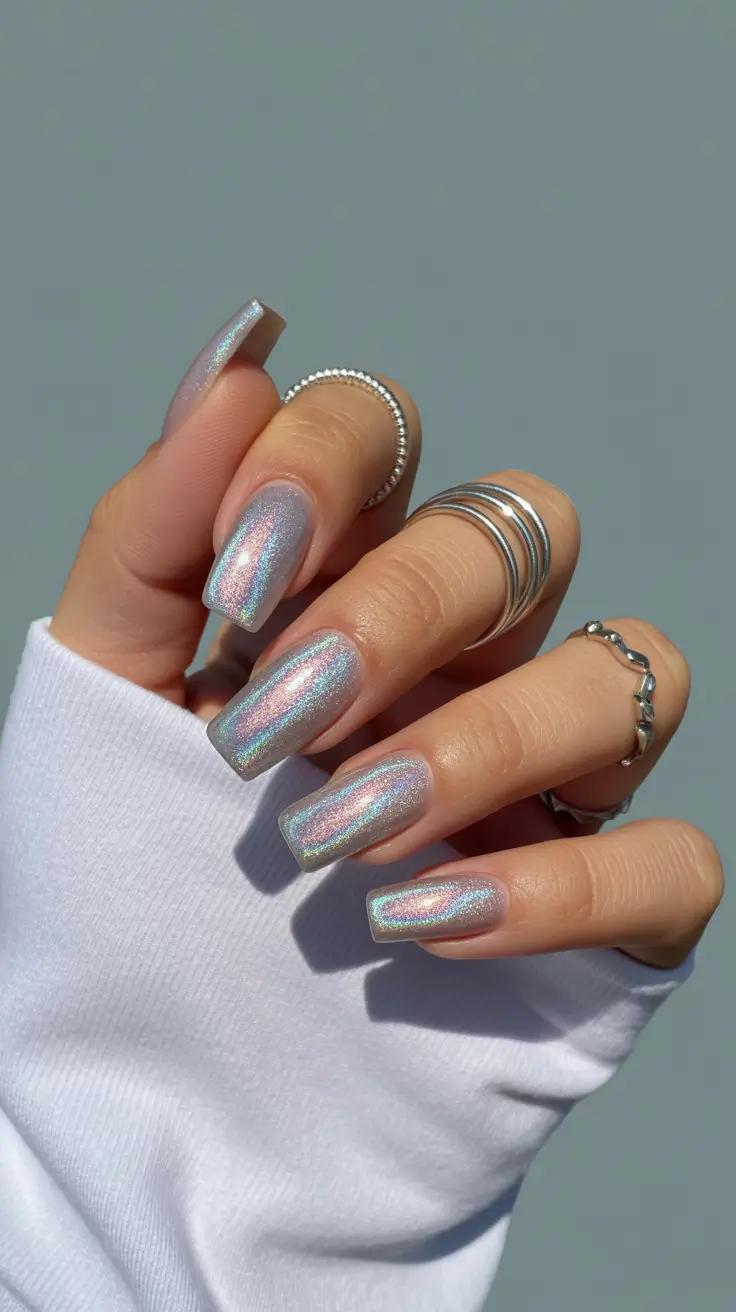 february nails 2026 Silver Holographic Square Shine