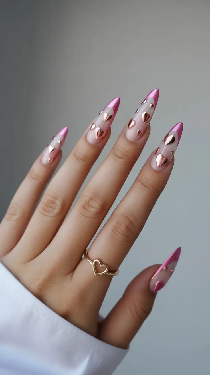 february nails 2026 Pink Chrome Almond With Metal Hearts