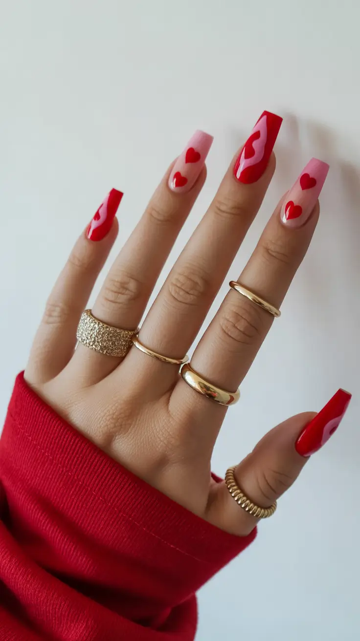february nails 2026 Red Valentine Square With Heart Storyline