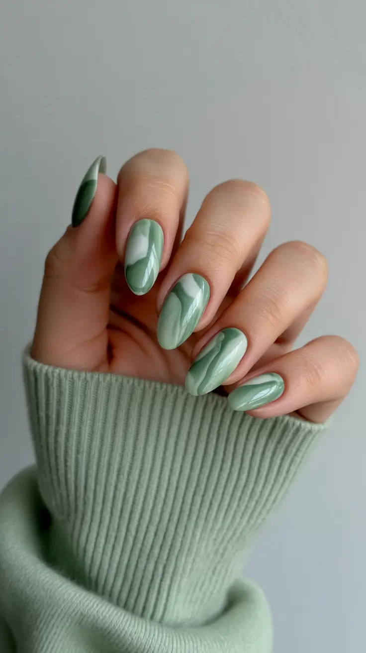 february nails 2026 Sage Marble Almond For Soft Winter Calm