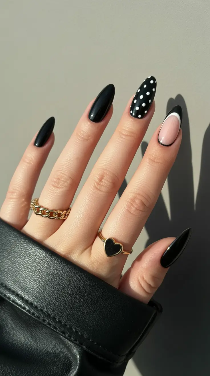 february nails 2026 Black Almond With Polka Dots and Negative Space Twist