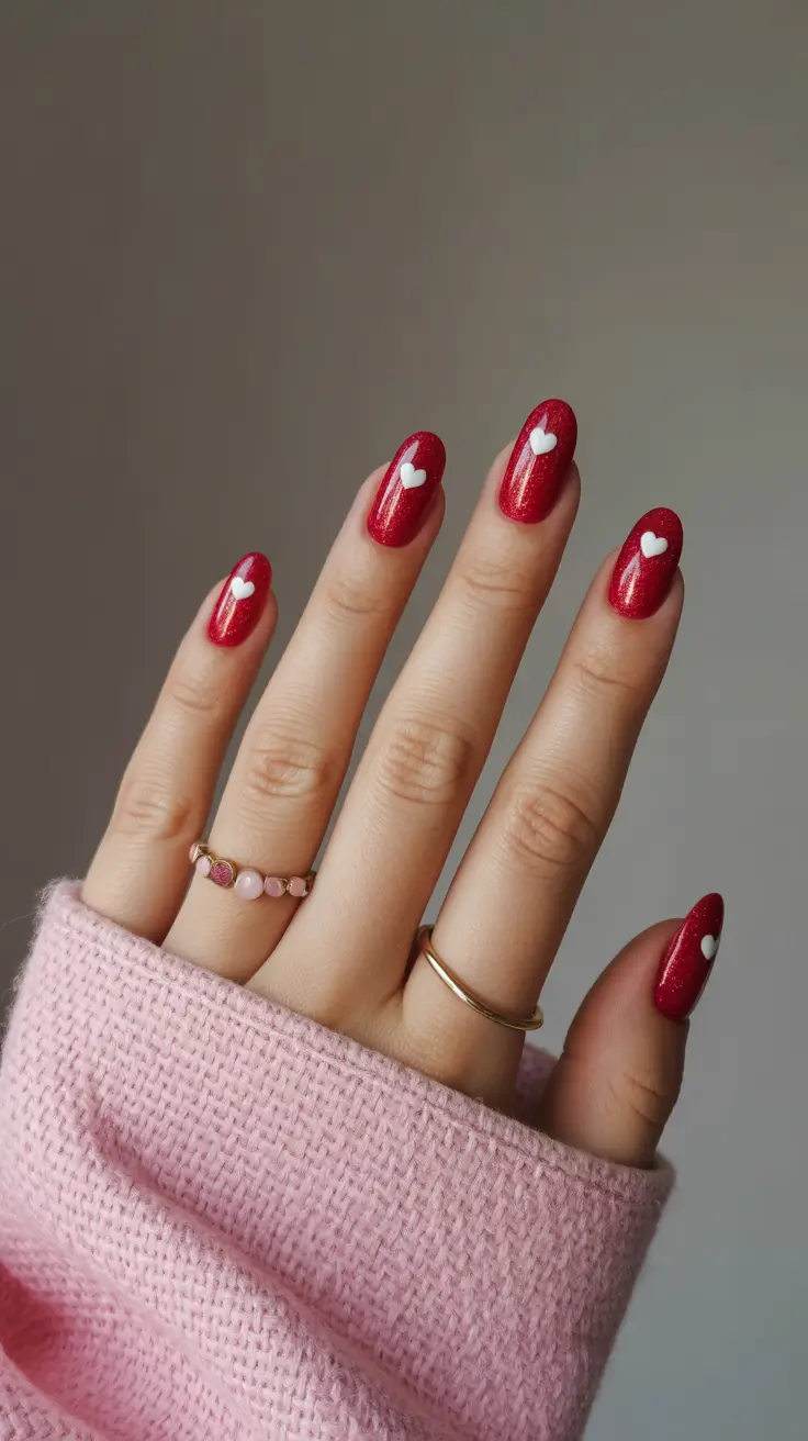 february nails 2026 Red Sparkle Almond With Soft Heart Accents